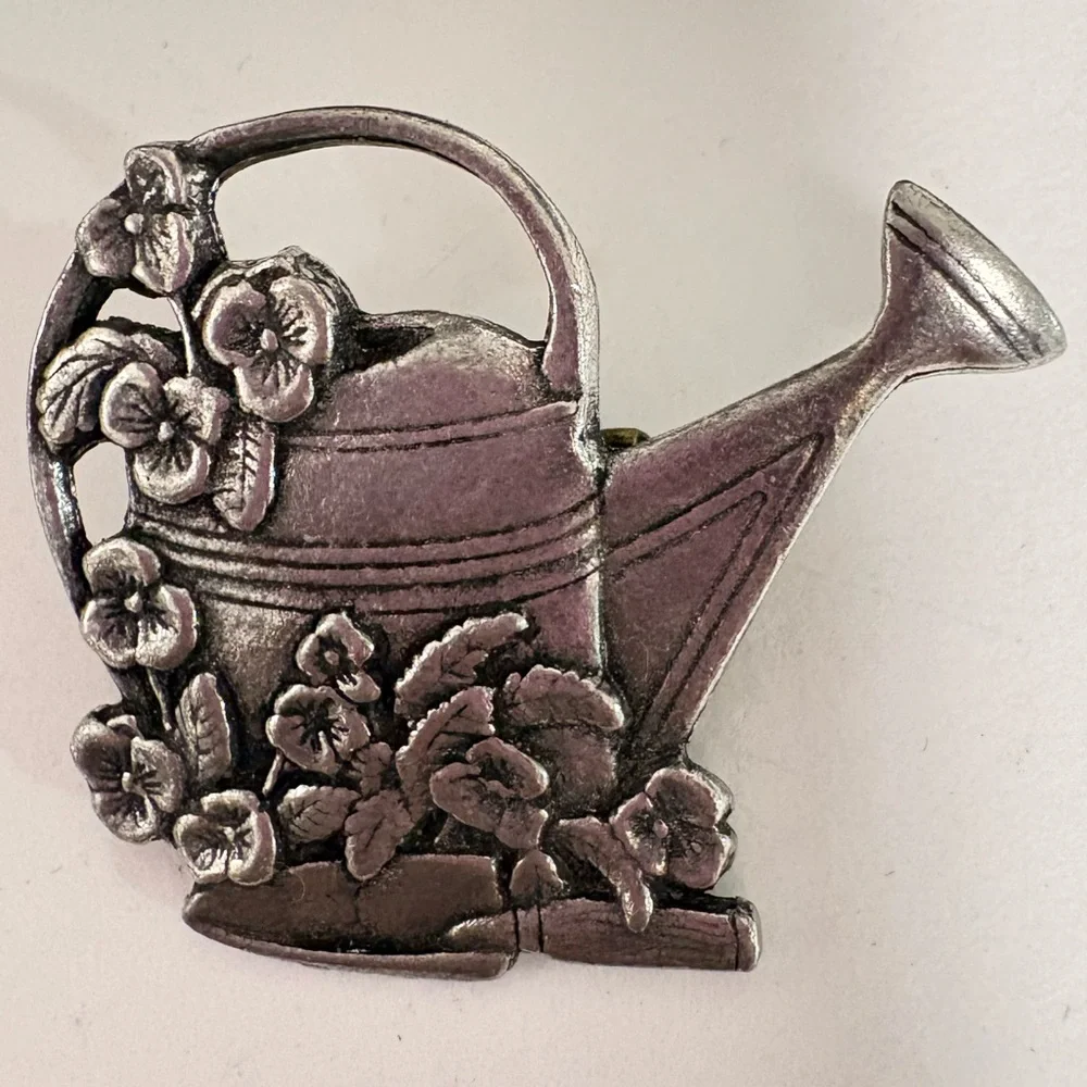 Vintage 1983 Vintage Pewter Floral Watering Can Brooch